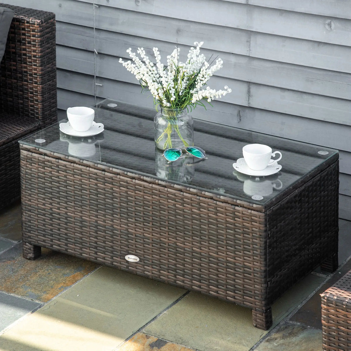 PE Rattan Garden Coffee Table Rectangular with Tempered Glass Top Metal Frame 39cm High Mixed Brown