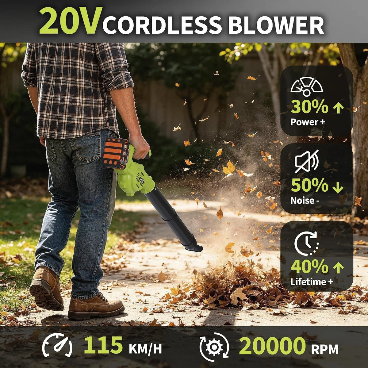 20V Brushless Cordless Leaf Blower with Cruise Control, 3 Nozzles and 4.0Ah Battery