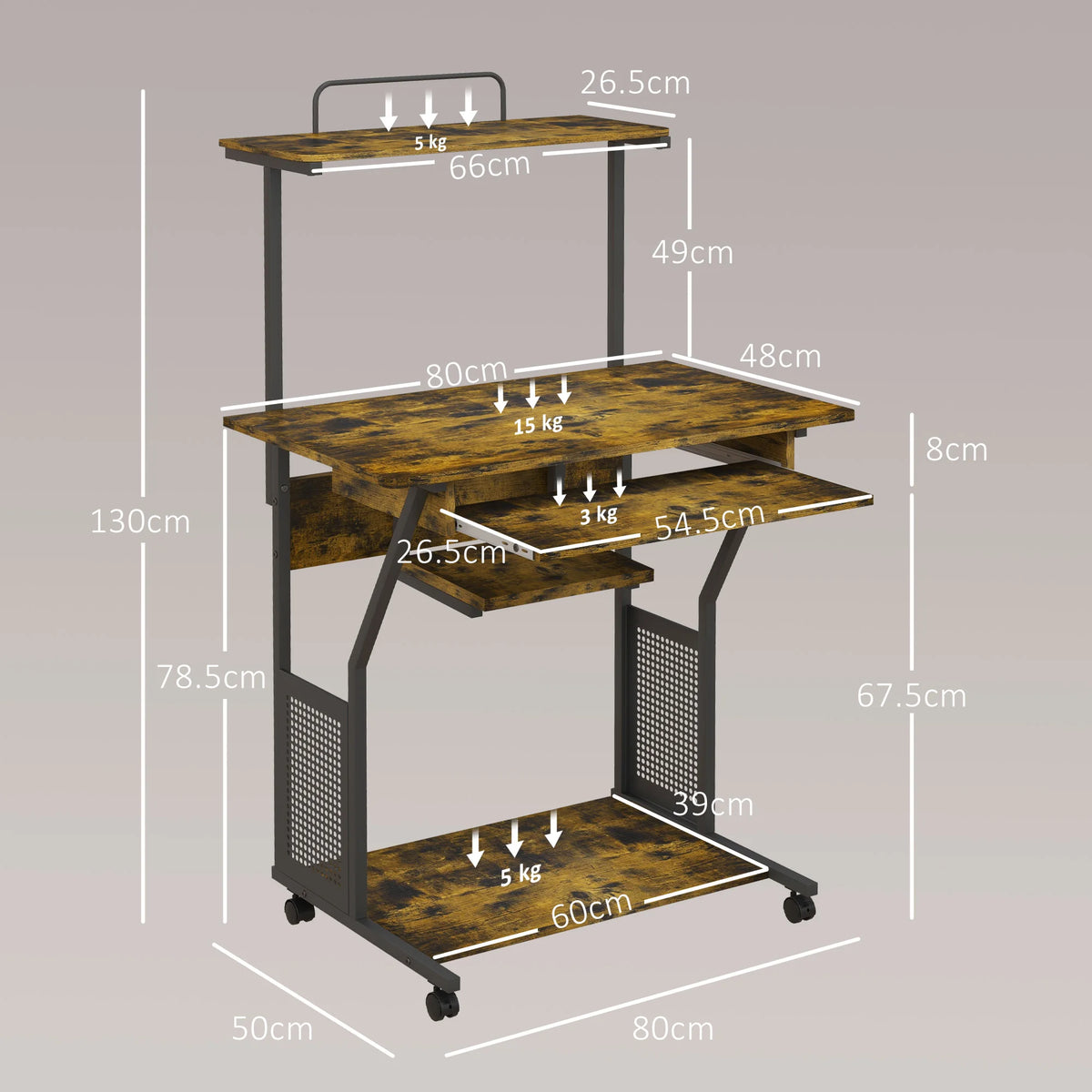 Mobile Computer Desk with Keyboard Tray, Shelves and Lockable Wheels, Rustic Brown