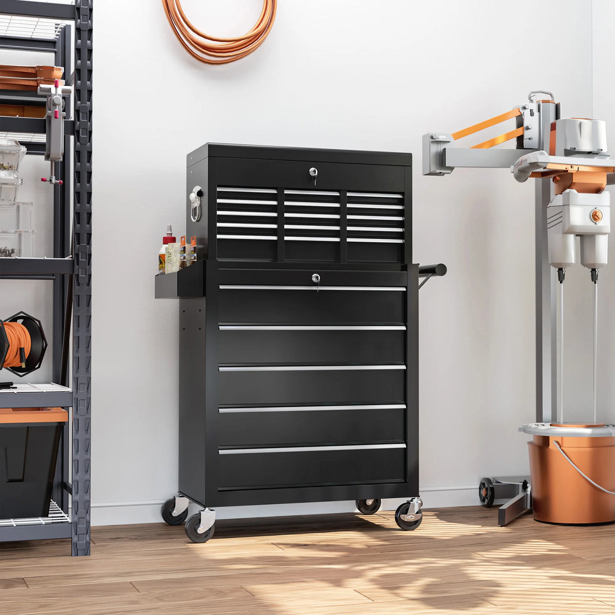Rolling Tool Cabinet and Top Chest Combo with Lockable Drawers and Pegboard, Black