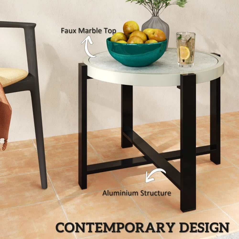 60cm Round Garden Side Table with Faux Marble Glass Top