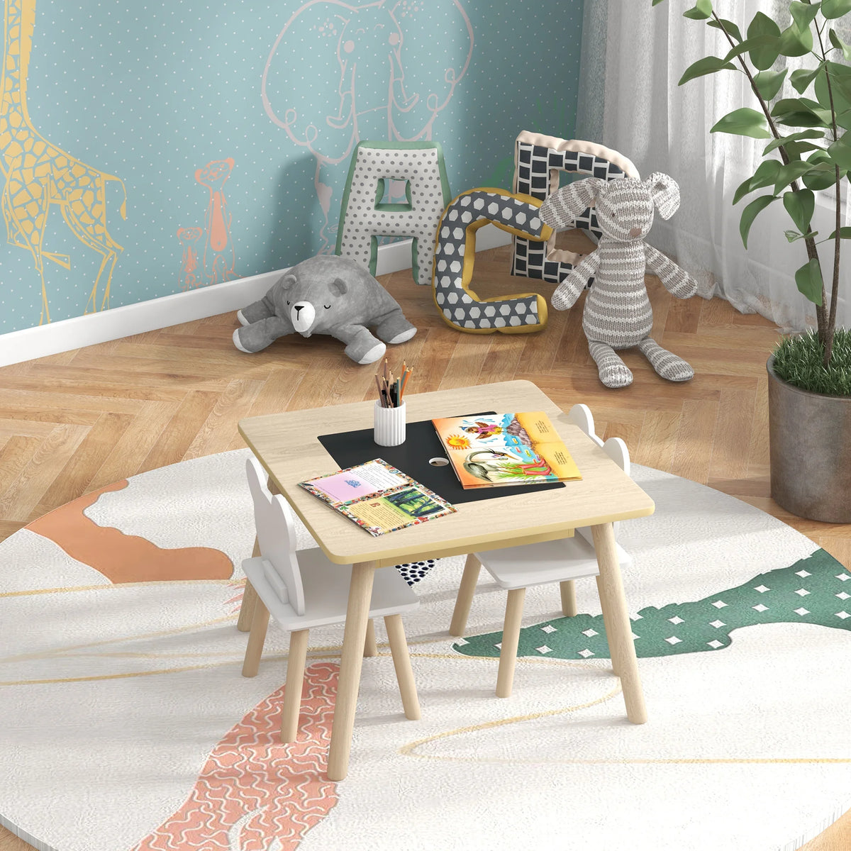 3 Piece Toddler Table and Chairs Set with 3 in 1 Flip Top Storage Grids and Bear Shaped Chairs 60x60x44cm