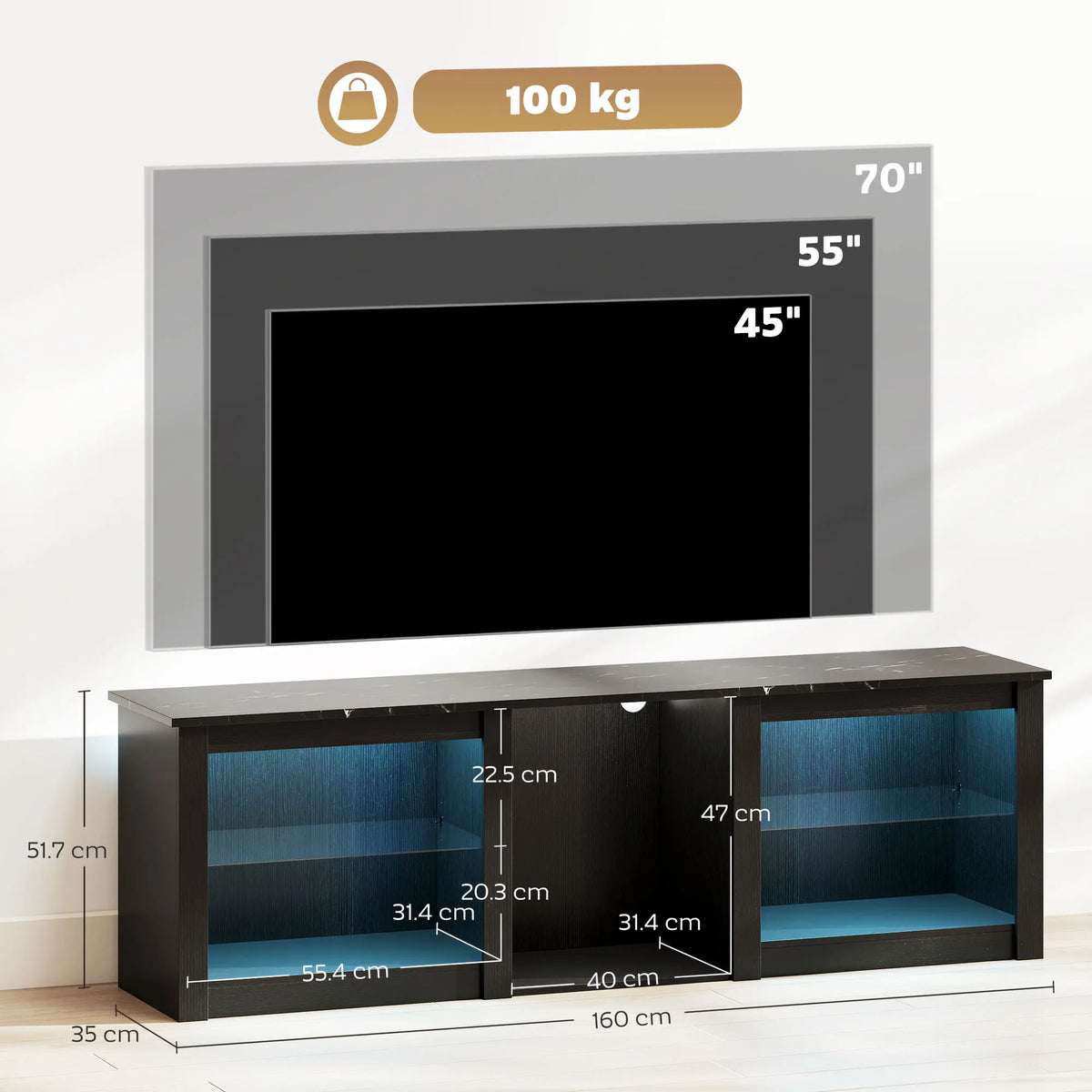 160cm TV Unit with LED Lights and Storage for TVs up to 70 Inch, Black
