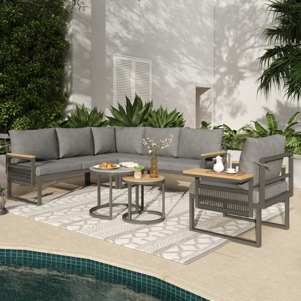 5-6 Seater Garden Corner Sofa Set, Rope Woven Outdoor Sofa with Armchair & 2 Nesting Coffee Tables