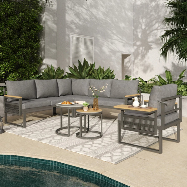5-6 Seater Garden Corner Sofa Set, Rope Woven Outdoor Sofa with Armchair & 2 Nesting Coffee Tables