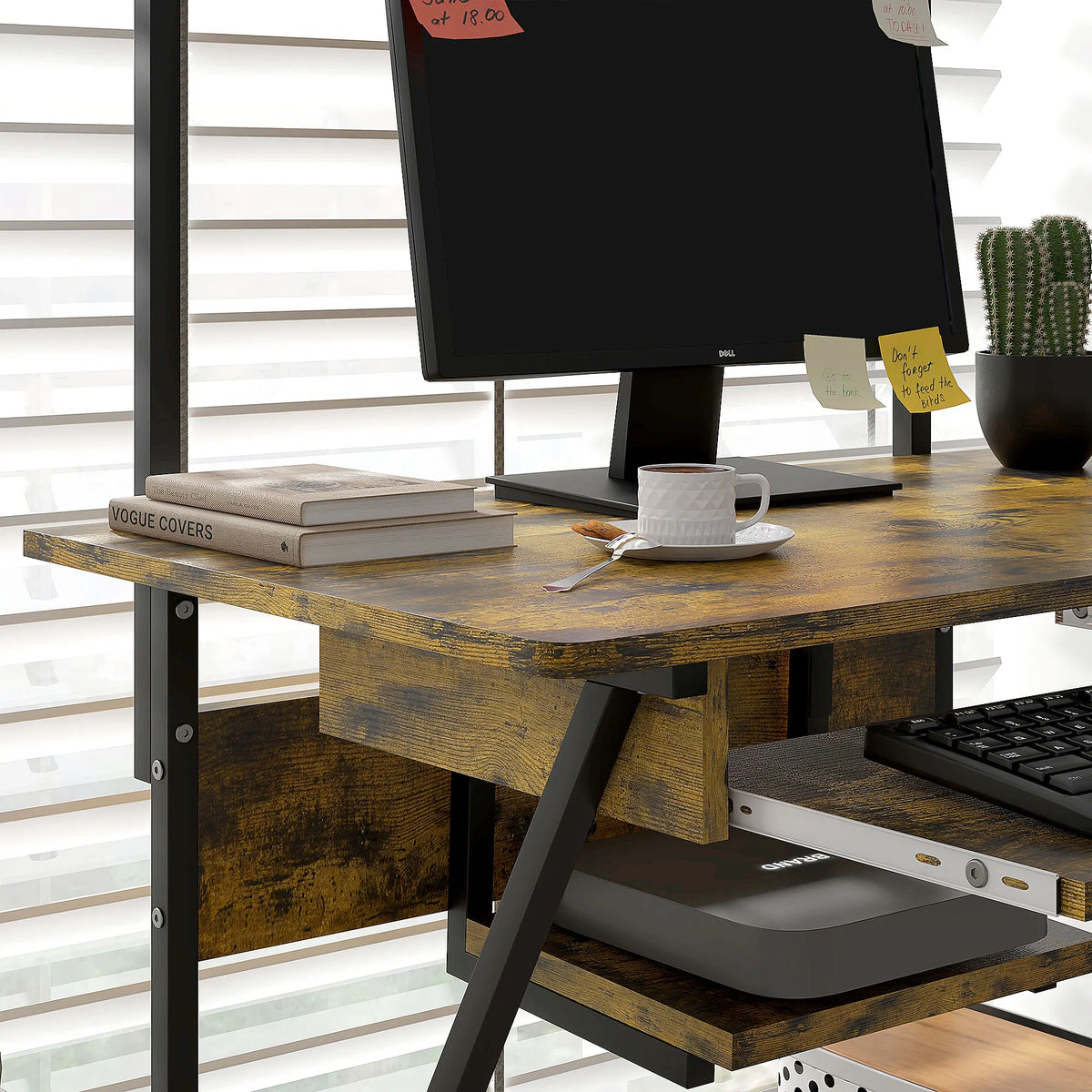 Mobile Computer Desk with Keyboard Tray, Shelves and Lockable Wheels, Rustic Brown