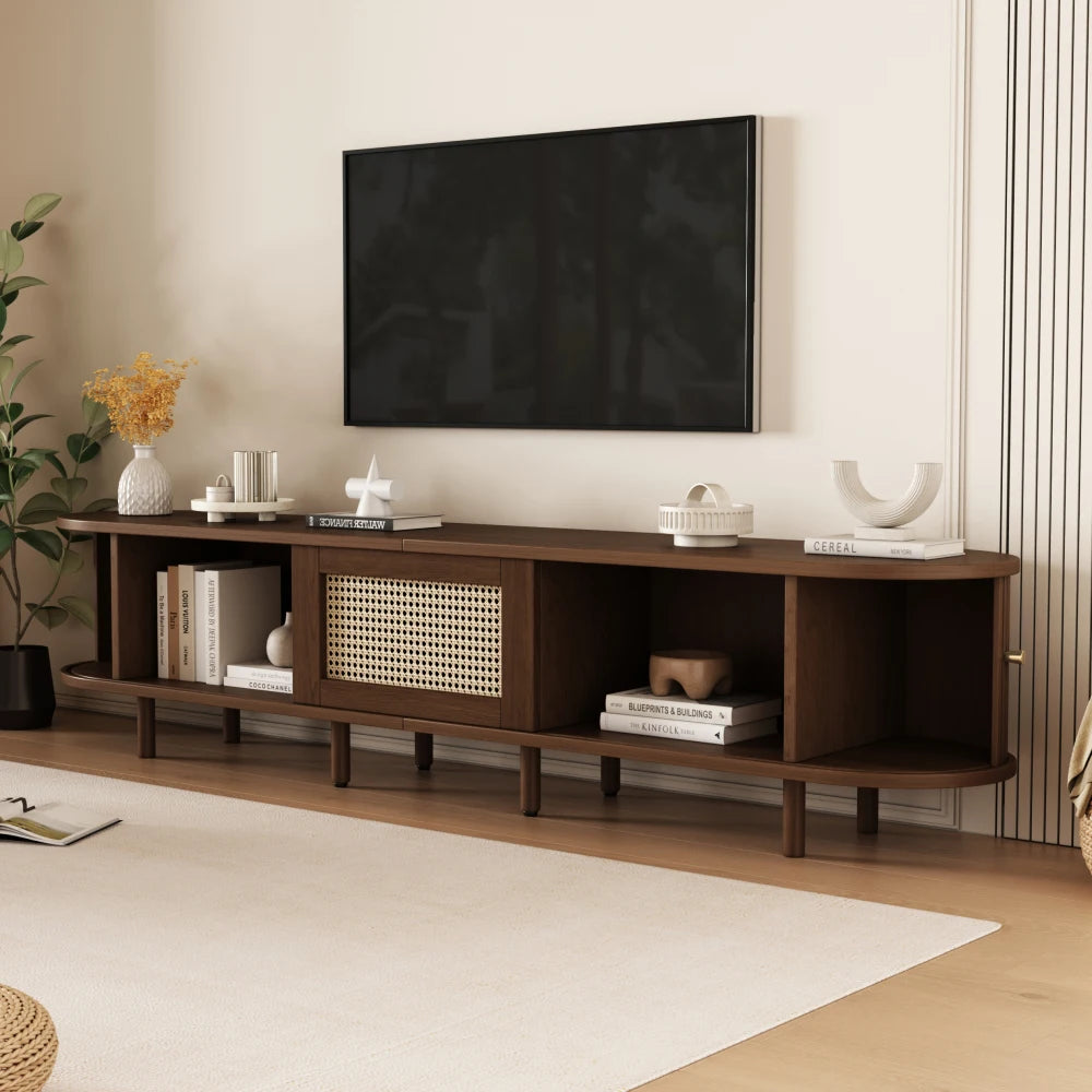 180cm Oak TV Stand with Rattan Drawer, Sliding Doors, Gold Handles and Adjustable Legs
