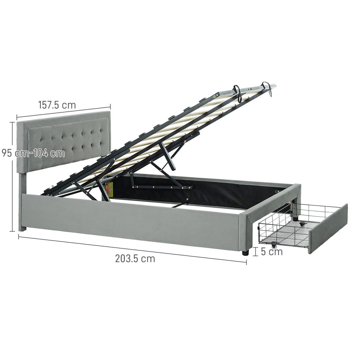 Double Ottoman Bed Frame with Hydraulic Lift Storage 140x193.5cm Wheeled Front Drawer Adjustable Velvet Headboard