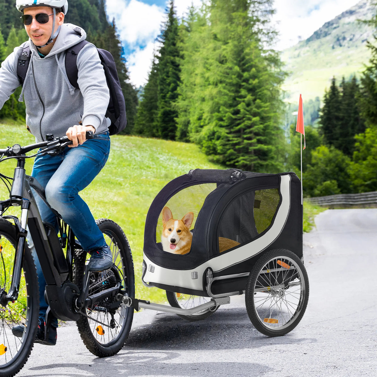 Folding Dog Bike Trailer and Pet Stroller Steel Frame Oxford Fabric Mesh Windows Reflectors and Flag