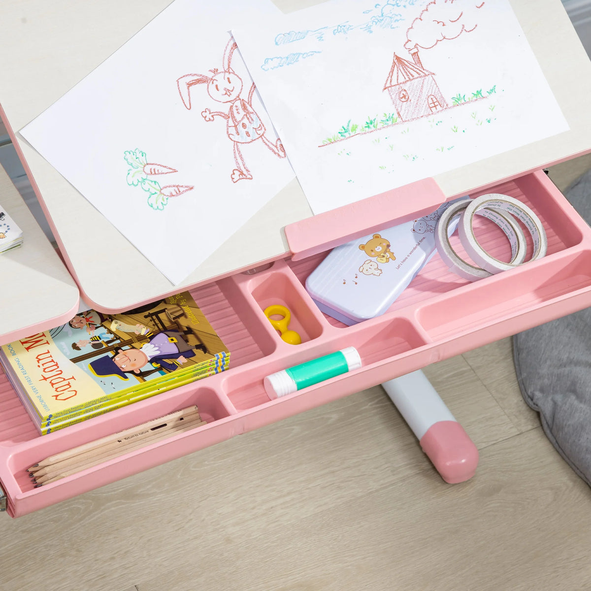 Kids Study Desk and Chair Set, Height Adjustable Set with Storage Shelves, Anti-Slip Mat, for Ages 3-12 Years