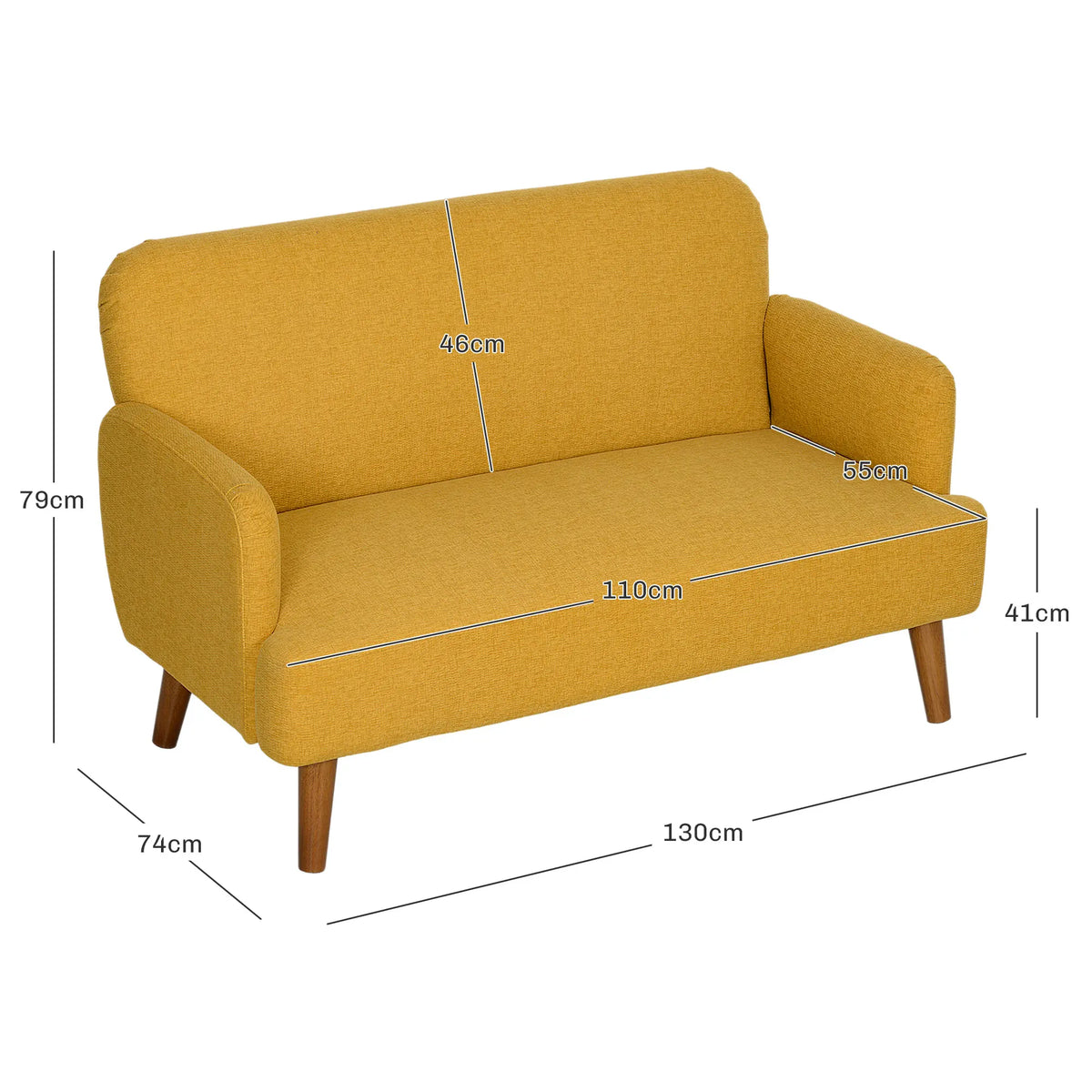 2 Seater Velvet Sofa with 21cm Padded Seat Armrests Solid Rubberwood Legs and Under Clearance Yellow