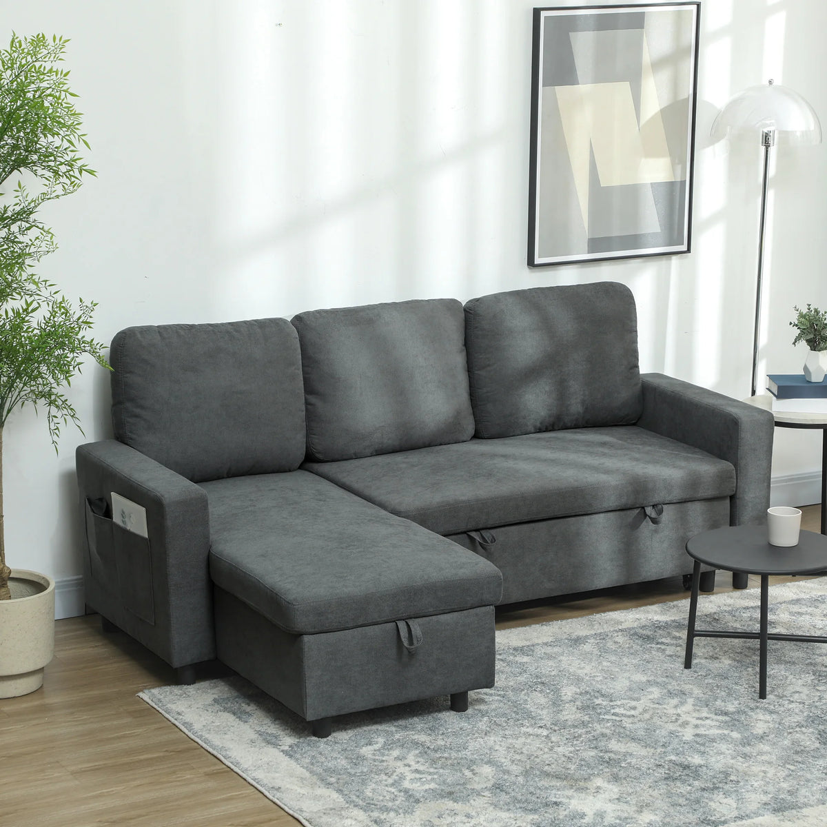 Dark grey L shape corner sofa bed with reversible chaise
