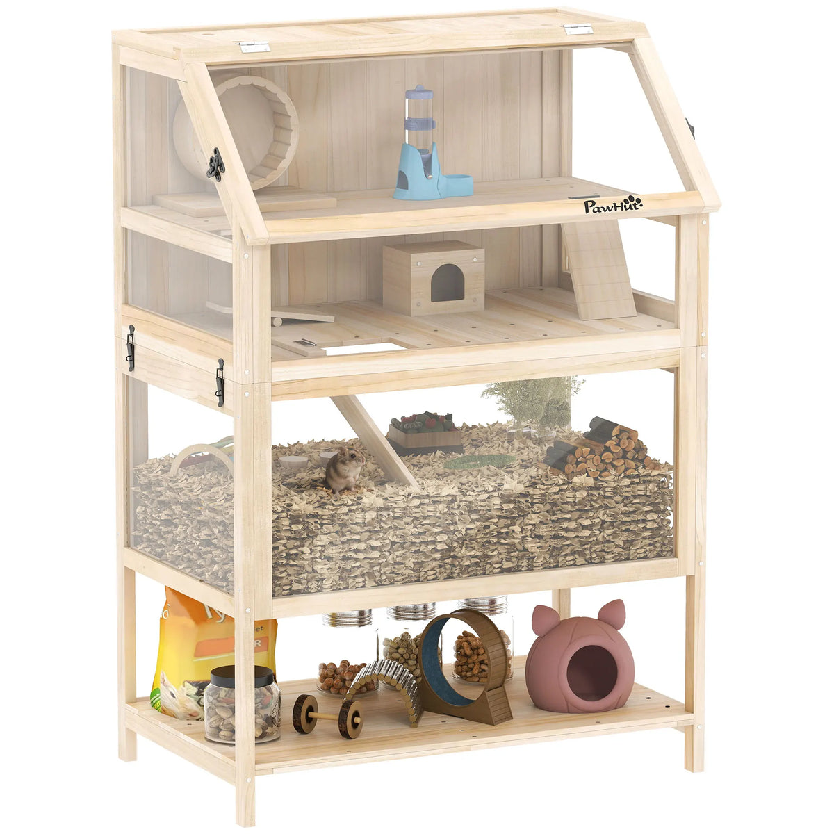 3 Tier Wooden Hamster Cage 80x53x117cm Gerbil Cage with Acrylic Panels Wheel Seesaw and Storage Shelf