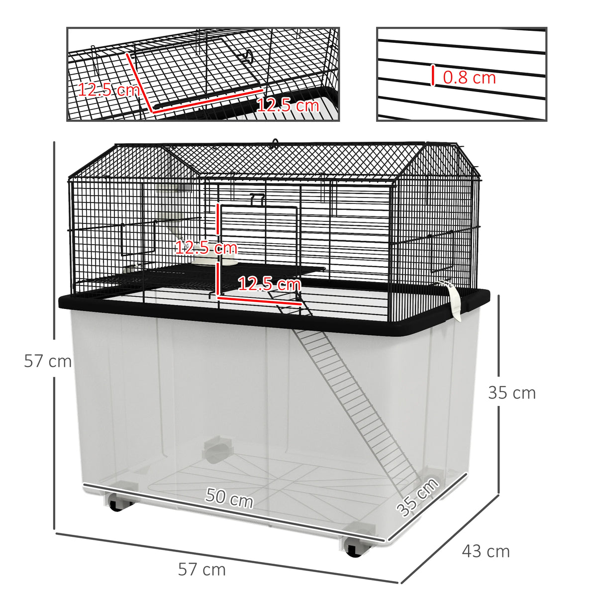 Hamster Cage, Gerbil Cage with Wheels, Deep Bottom, Ramp, Food Dish, Water Bottle, for Dwarf, Syrian - Black