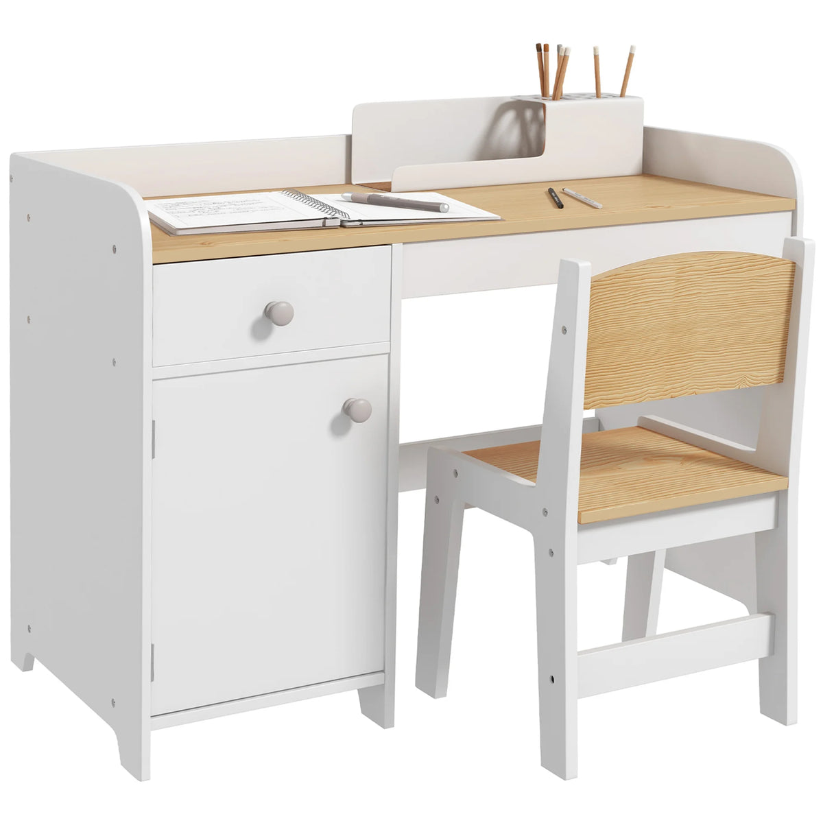 Kids Desk and Chair Set 80x39x59cm with Storage Drawer and Compartment MDF Rounded Edges Ages 3-6 White