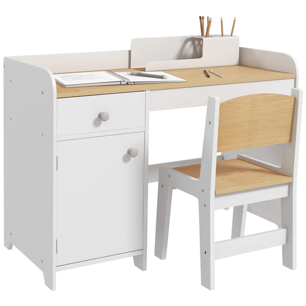 Kids Desk and Chair Set 80x39x59cm with Storage Drawer and Compartment MDF Rounded Edges Ages 3-6 White
