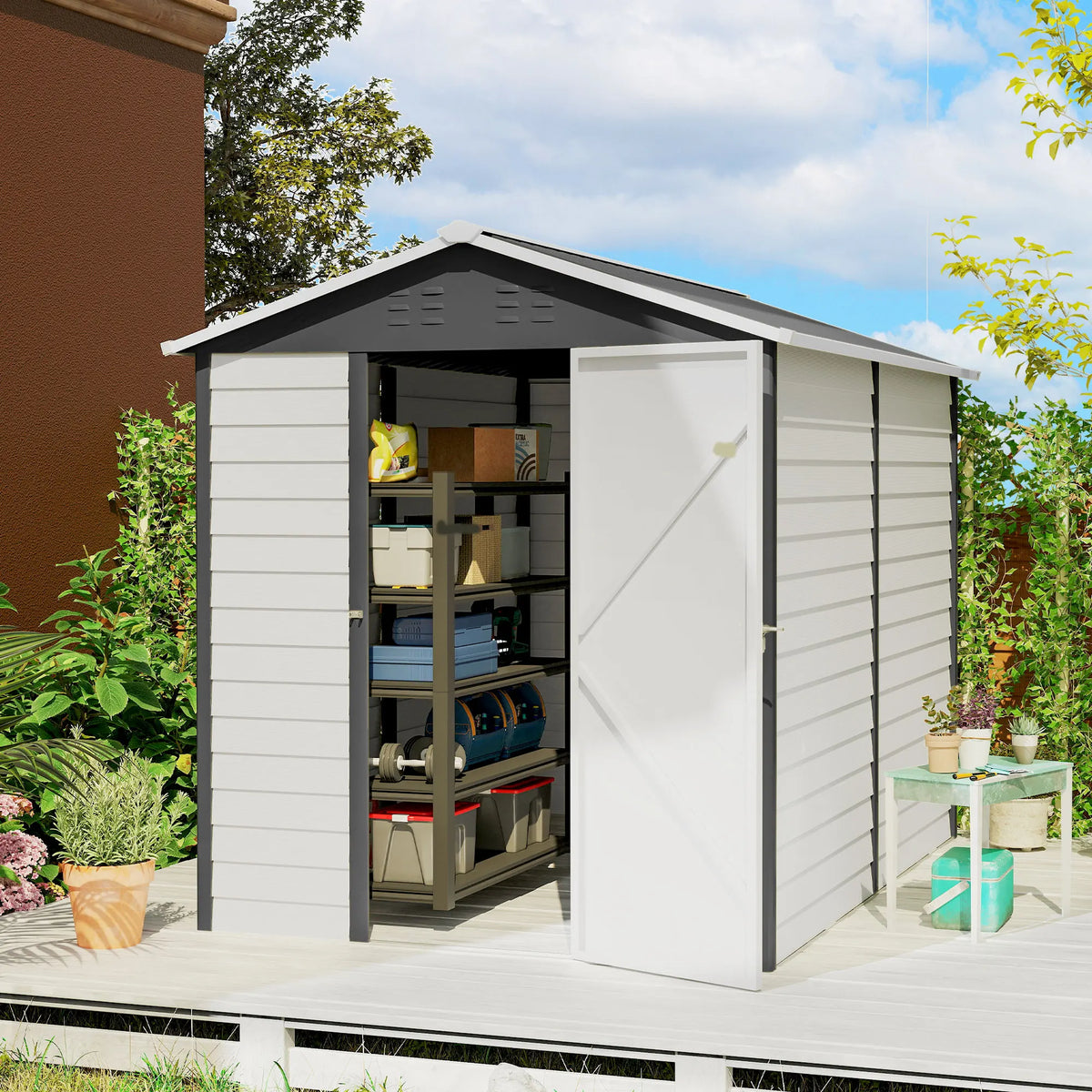 9x6FT Metal Garden Shed Outdoor Storage Shed w/ Sloped Roof Lockable Door Grey