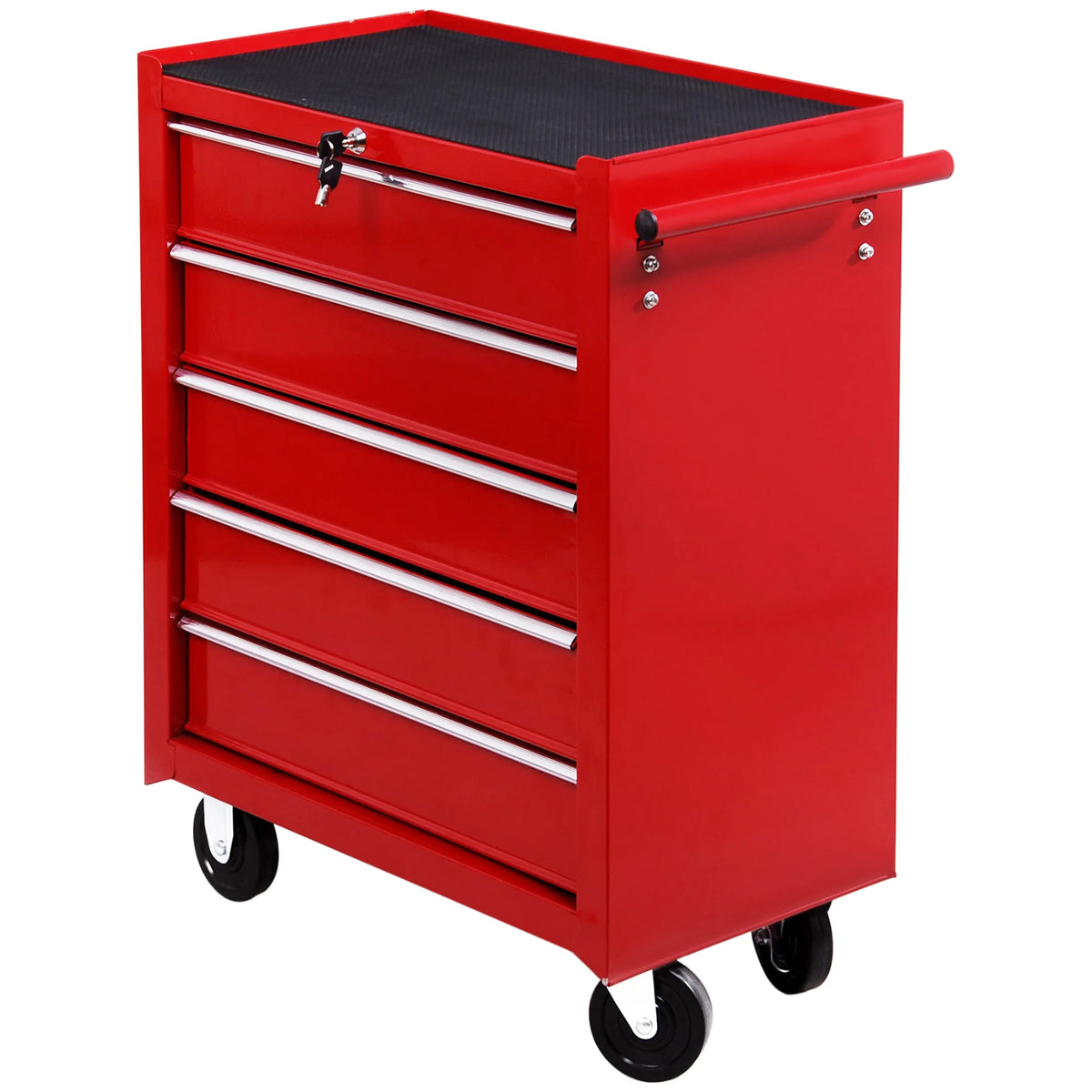 Tool Trolley with 5 Drawers Powder Coated Steel Chest on 4 Wheels 2 Brakes Top Lock and EVA Mats Red