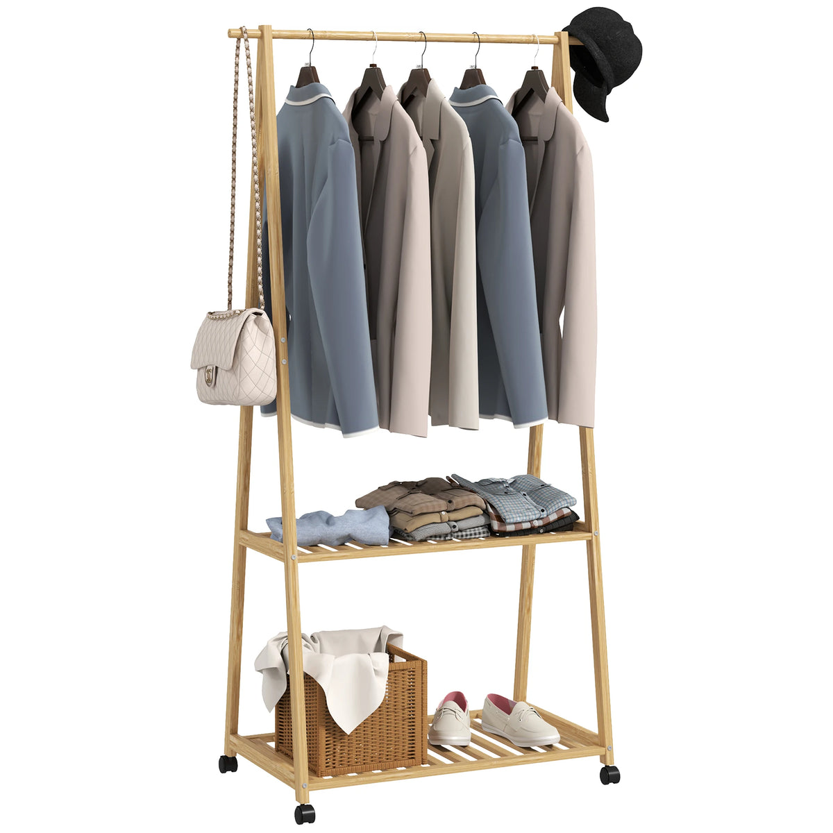 Bamboo Clothes Rail with 2 Shelves, Hooks and Wheels