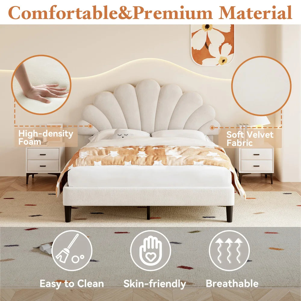 4ft6 Double Upholstered Velvet Bed Frame with Adjustable Petal Headboard, Beige
