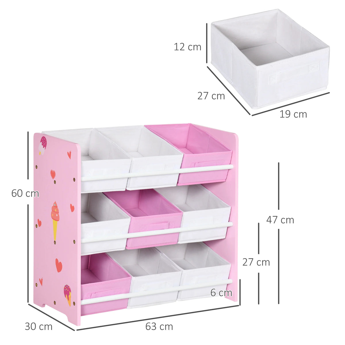Kids Storage Unit with 9 Removable Baskets 63x30x60cm Toy Organiser Bookshelf MDF Rounded Edges