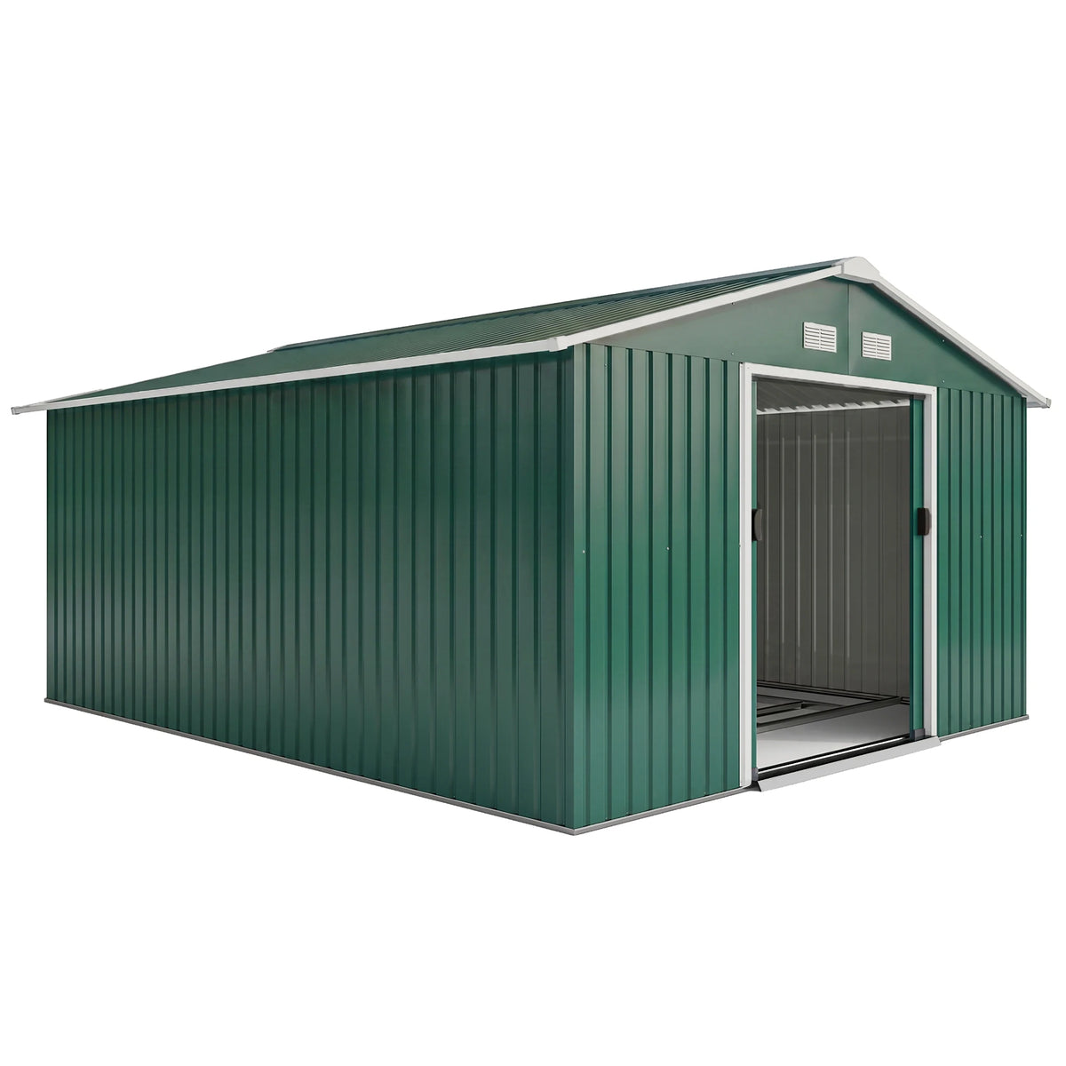13 x 11ft Metal Garden Shed with Lockable Sliding Doors and Foundation Kit, Green