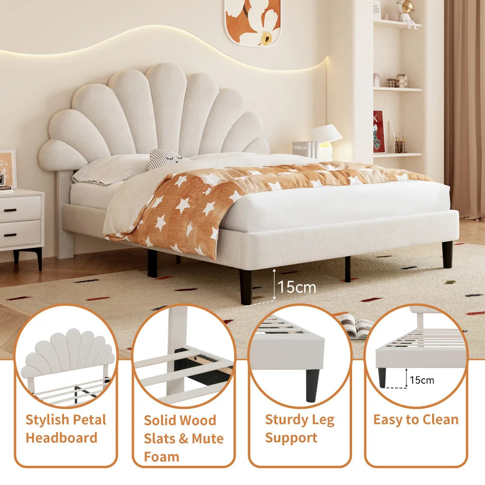 4ft6 Double Upholstered Velvet Bed Frame with Adjustable Petal Headboard, Beige
