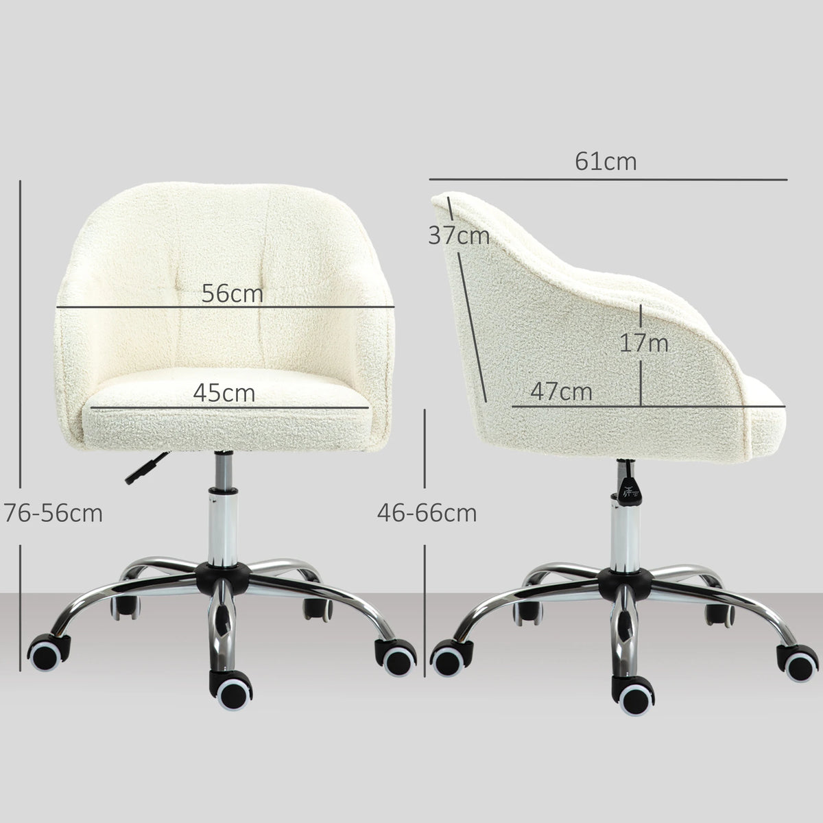 Fluffy Vanity Chair with Teddy Fleece Upholstery Height Adjustable 46-56cm 5 Wheels and Tilt Function