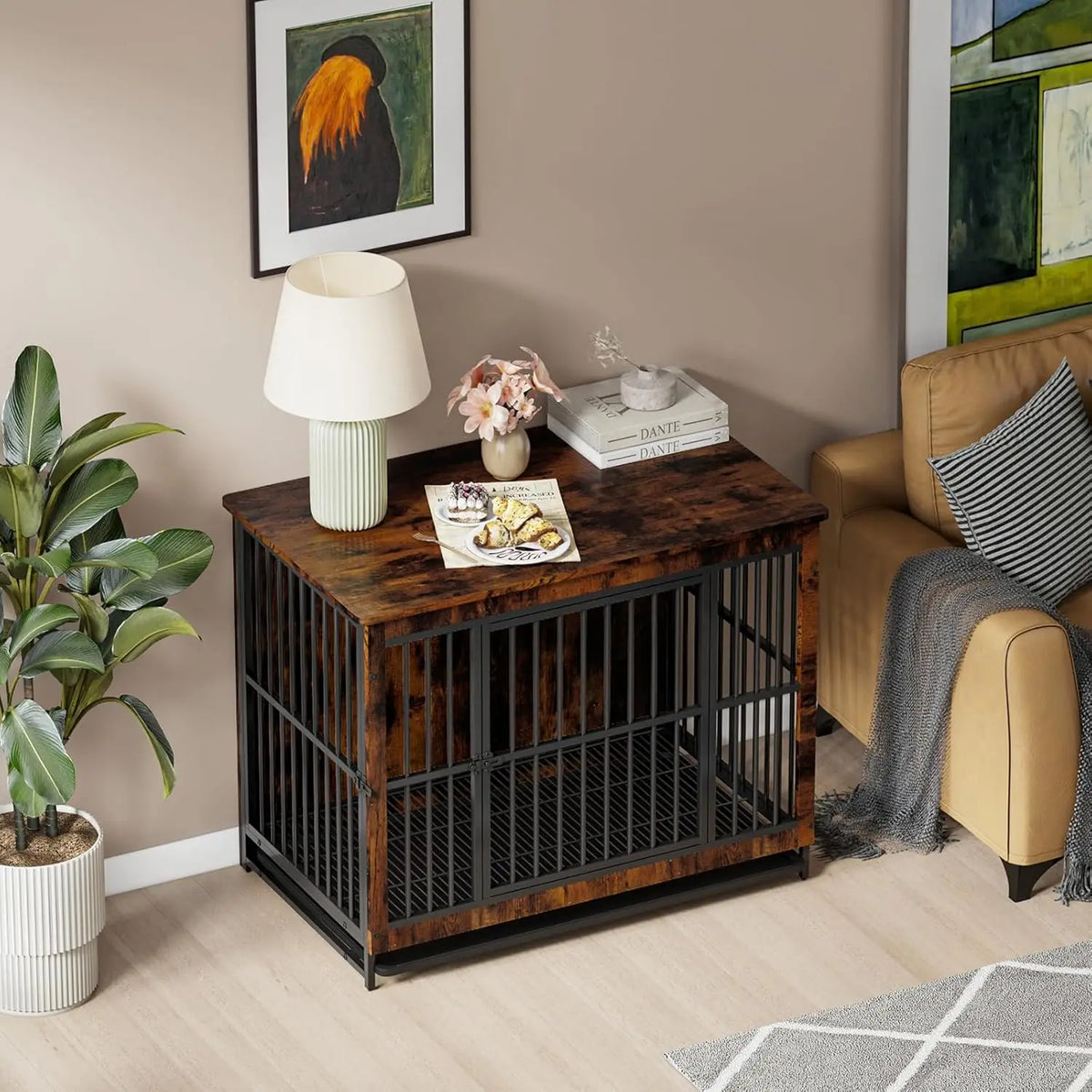 Wooden Dog Crate Furniture Elevated Lattice End Table 97.5x59x77.5cm 2 Doors Removable Tray Large Dogs