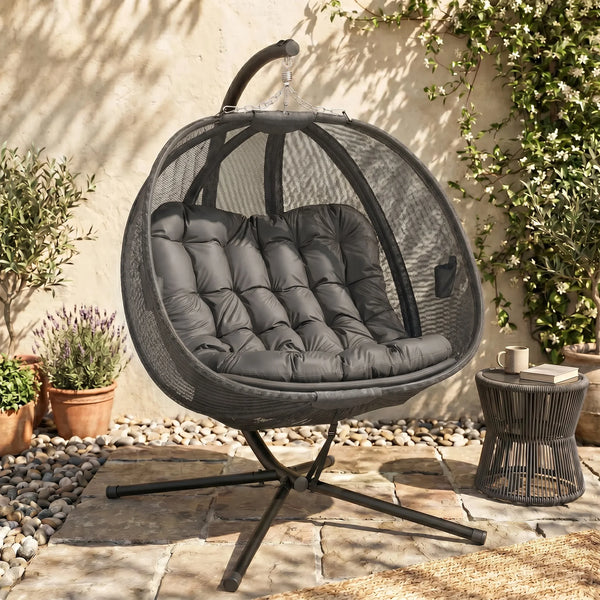 Double Hanging Egg Chair Folding Swing Hammock w/ Cushion, Indoor Outdoor Grey