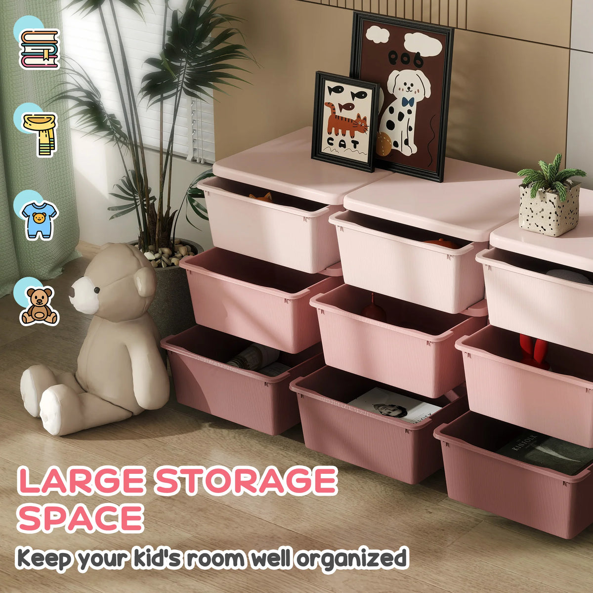 Kids 3 Tier Storage Drawer Unit with 9 Removable Drawers Plastic Chest Tower Rounded Edges