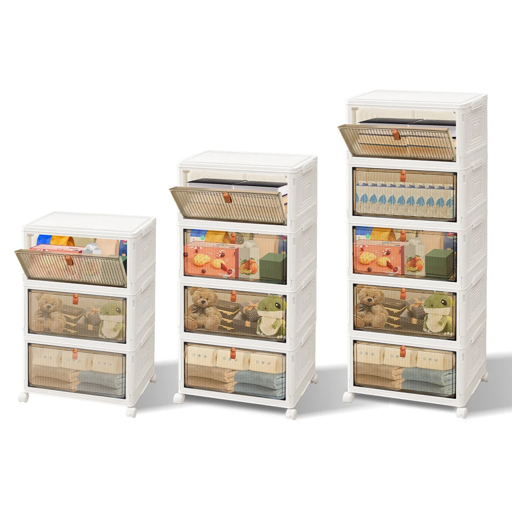 Stackable Storage Boxes with Lids 3 4 or 5 Tier 21L per Box Magnetic Front Door 4 Wheels 2 Locking PP