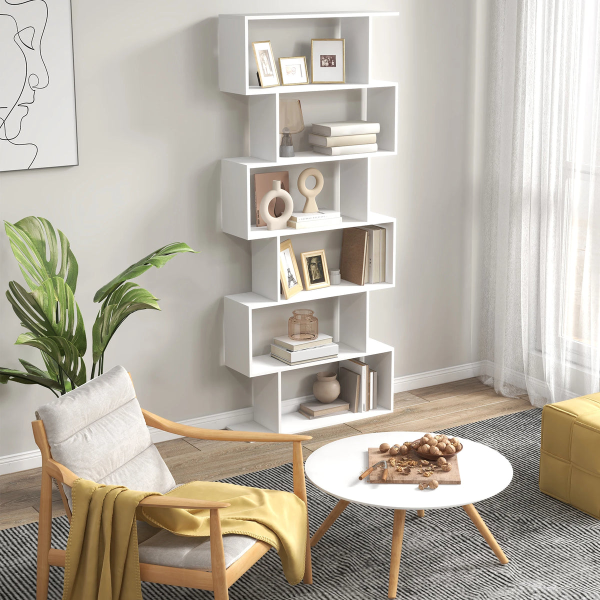 6-Tier S-Shaped Bookcase Storage Shelf, Modern Display Unit, White