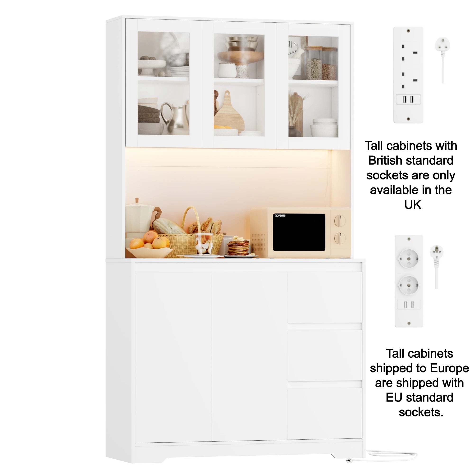 Modern Kitchen Buffet Cabinet with LED Lights & Drawers – Tall Storage Unit