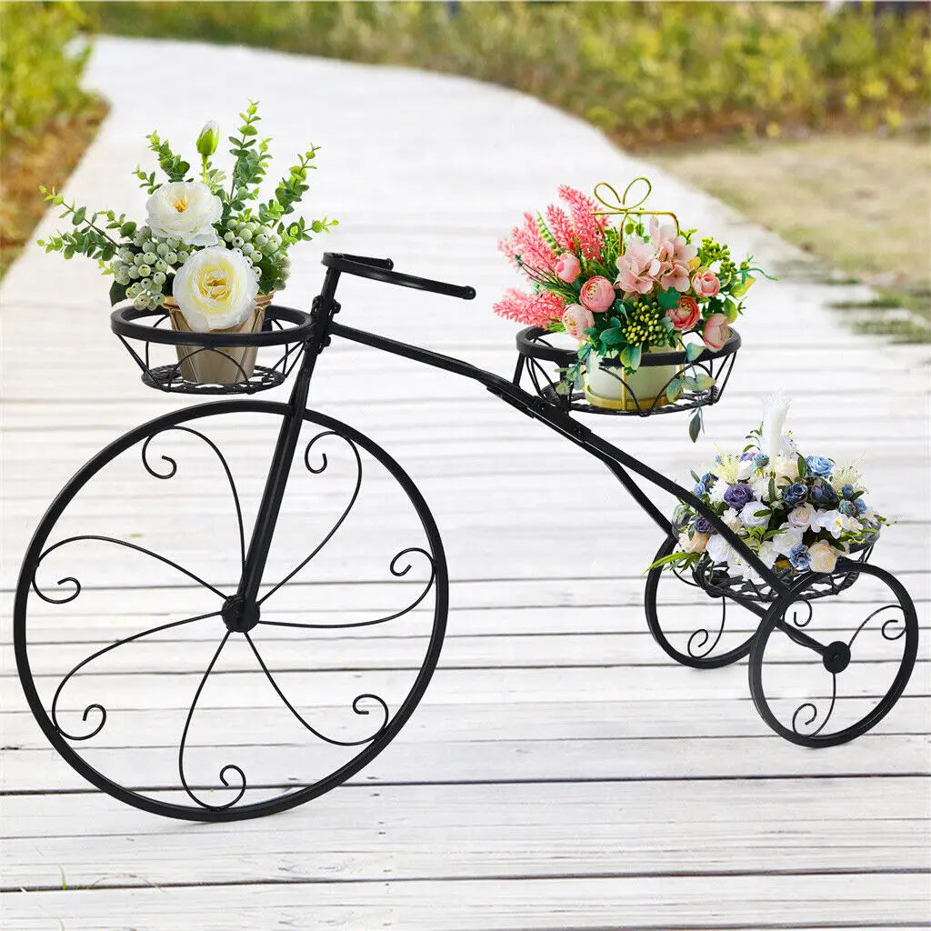 3 Tier Bicycle Shaped Iron Plant Stand 79.5x52cm 28kg Capacity Black for Living Room Garden Patio Balcony