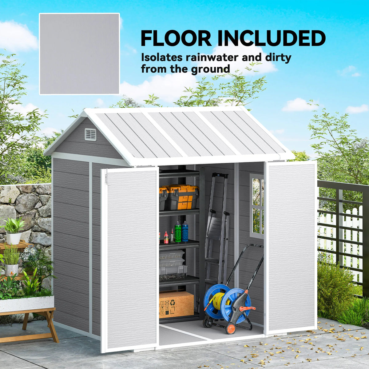 6x6ft Plastic Garden Shed with Floor, Window, Vents, Grey