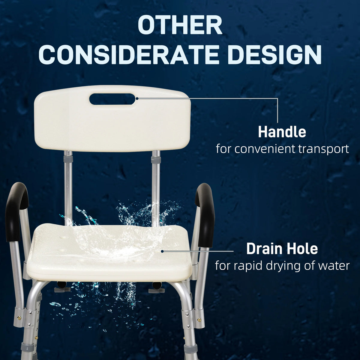 Shower Chair with Back and Padded Armrests Height Adjustable Legs Aluminium Frame Non Slip Rubber Tips