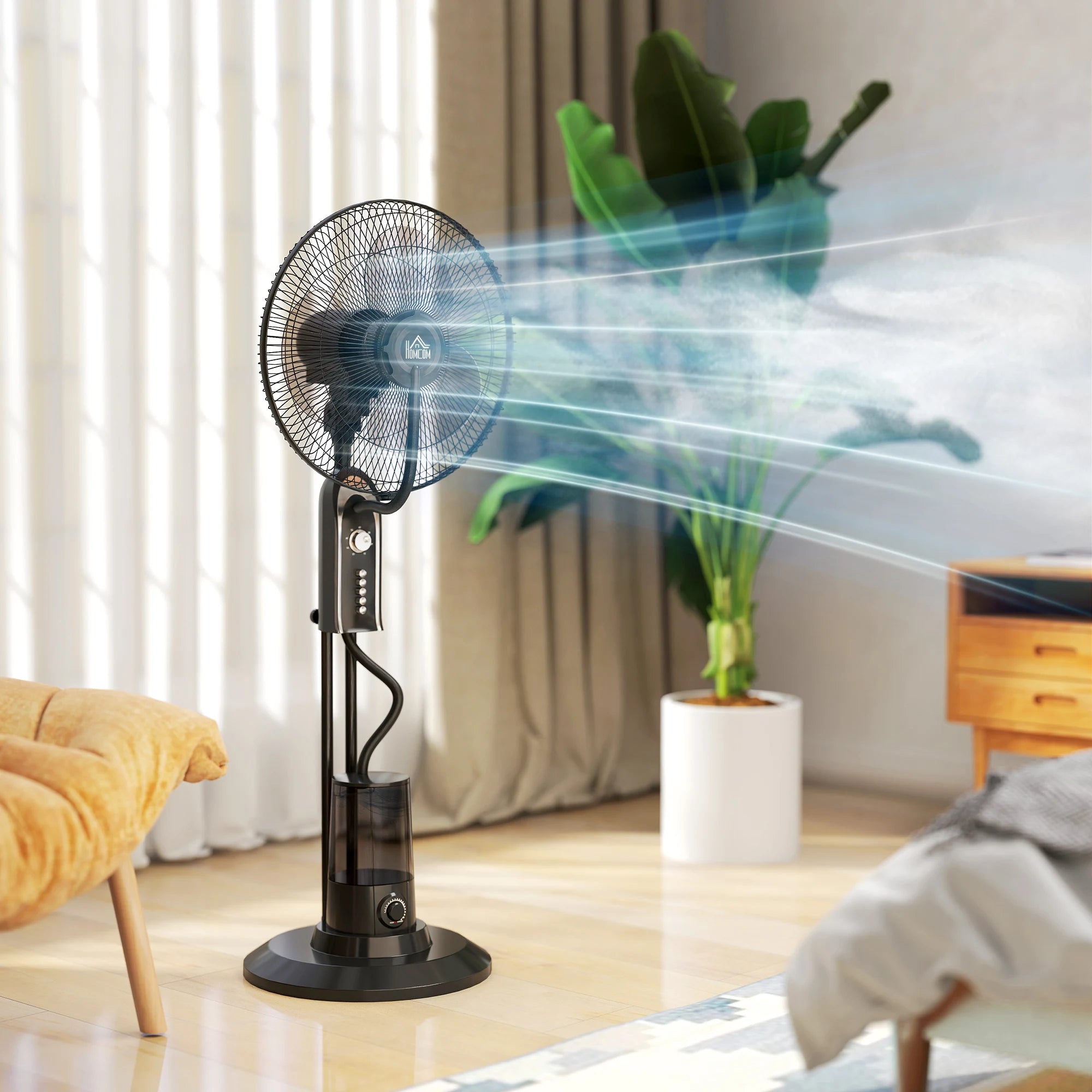 Spray Misting Pedestal Fan 70W Ultrasonic Atomization 4 Speeds 70° Oscillation Timer for Home Bedroom Living Room