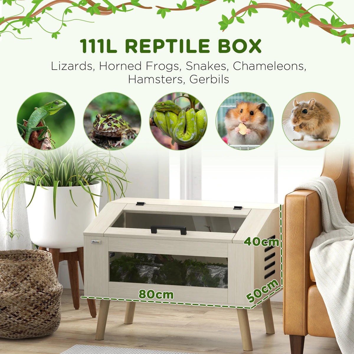 Reptile Vivarium Terrarium with Tempered Glass Windows, Openable Top for Snake Lizards, Horned Frogs, Chameleons