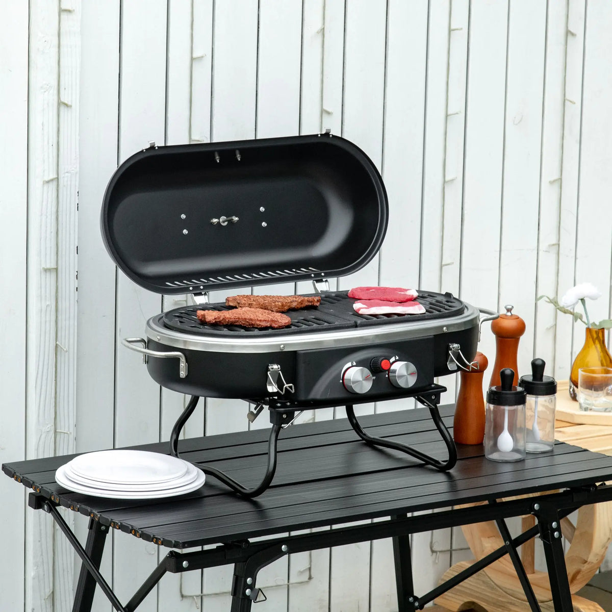 Foldable 2 Burner Gas BBQ Grill w/ 2 Burners for Camping Picnic Cooking