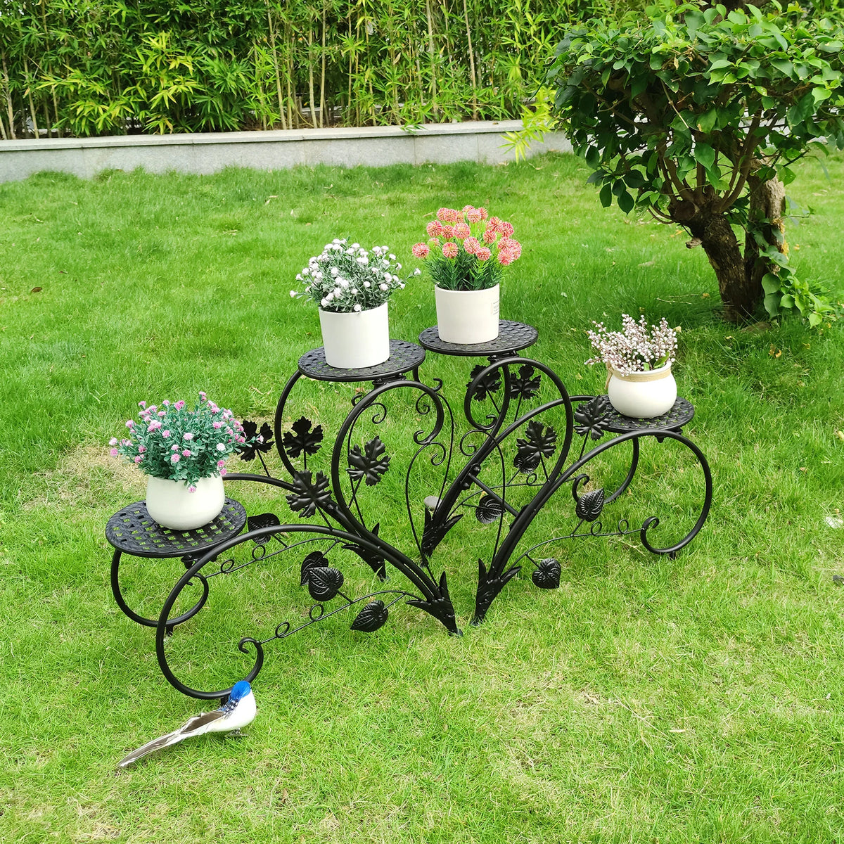 4 Tier Rustproof Metal Plant Stand 45x21x42.5cm White Black 5kg per Tier for Garden Balcony Office