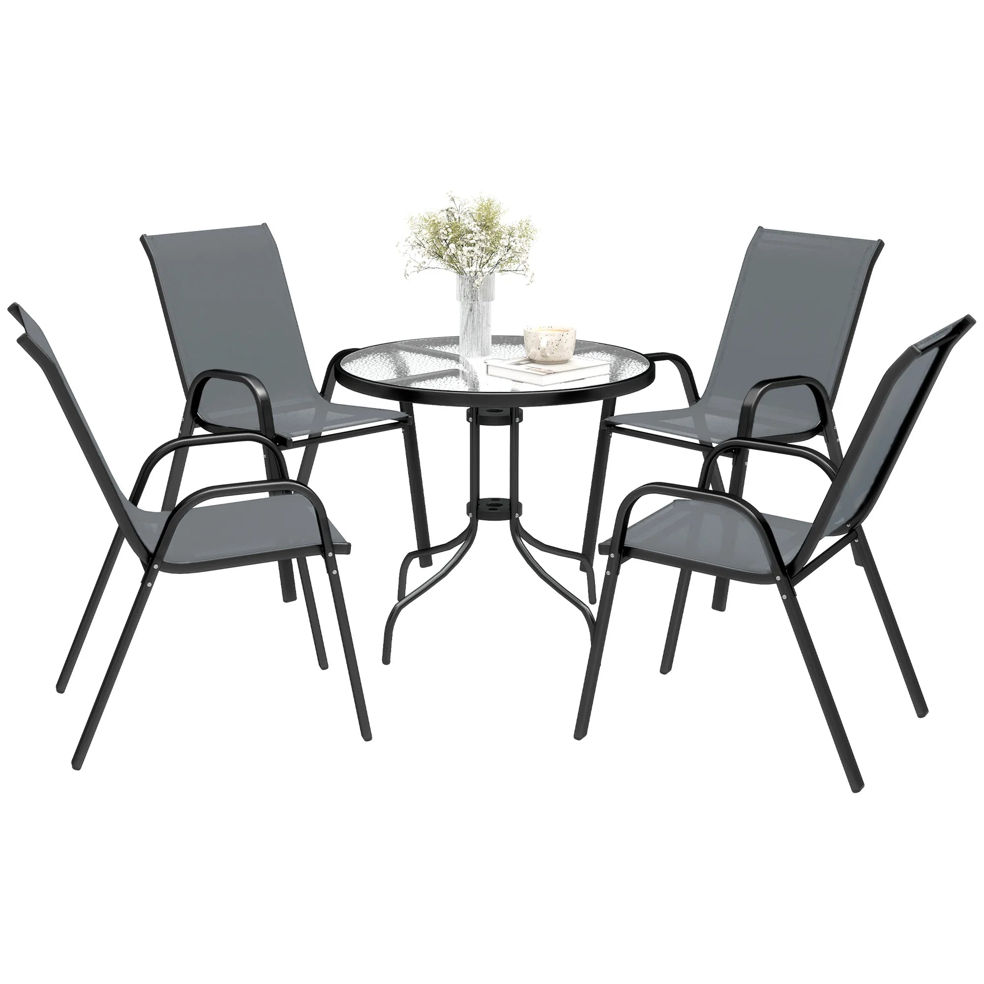 5 Piece Garden Furniture Set 4 Seater Glass Top Table with Stackable High Back Chairs Parasol Hole Black