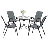 5 Piece Garden Furniture Set 4 Seater Glass Top Table with Stackable High Back Chairs Parasol Hole Black