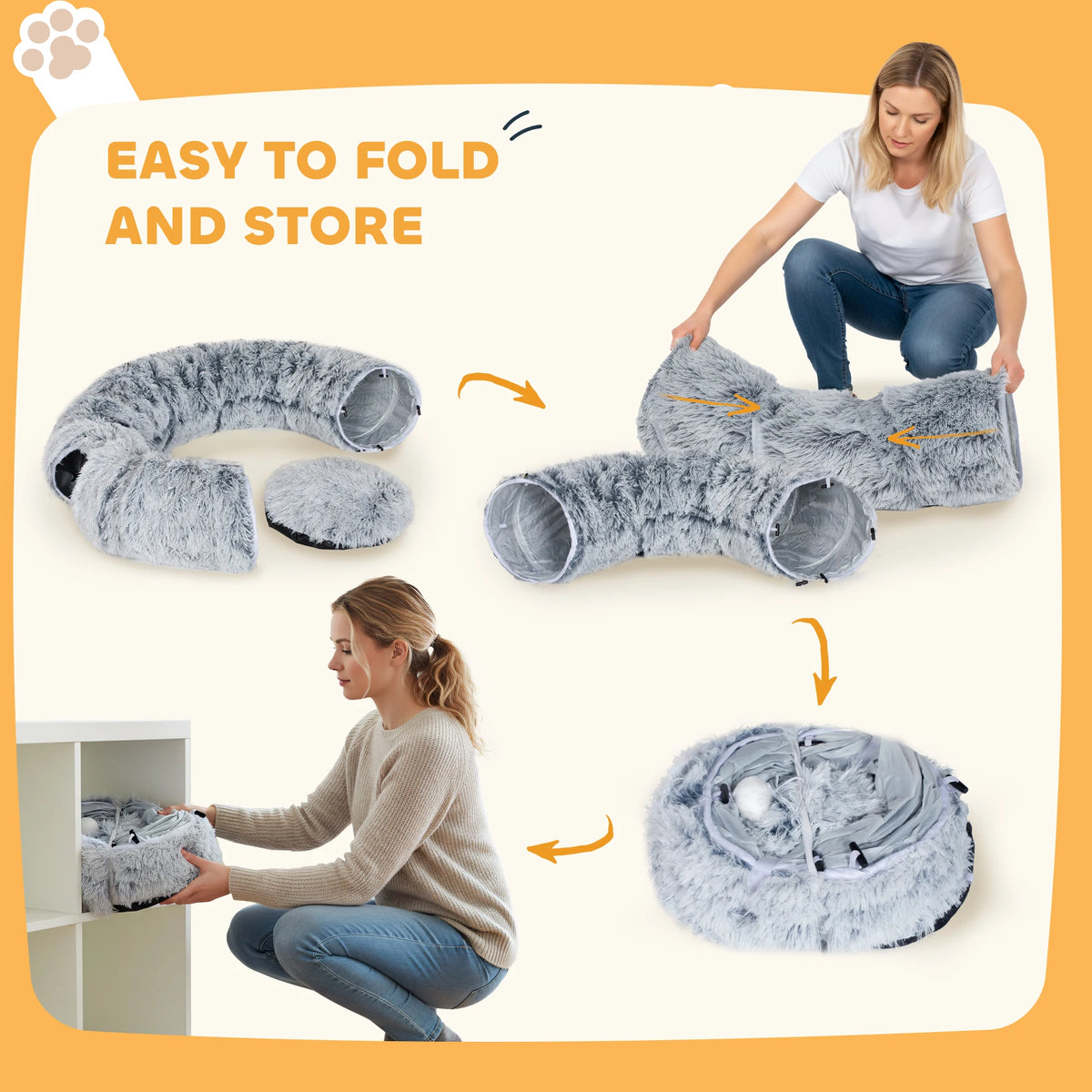 Cat Play Tunnel Bed with Washable Cushion and Toy Ball, Light Grey