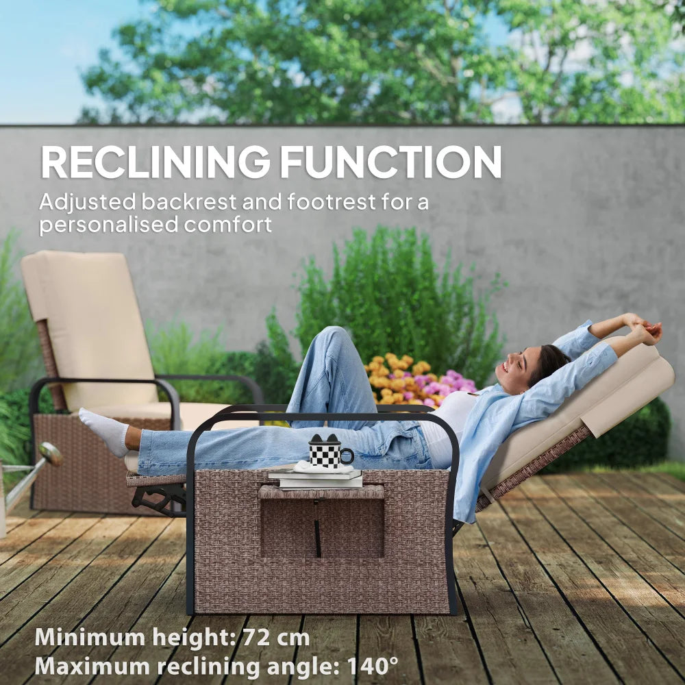 Reclining Rattan Armchair 140° with Footrest Side Table Cushion 120kg for Garden Pool Beach Patio Brown Khaki