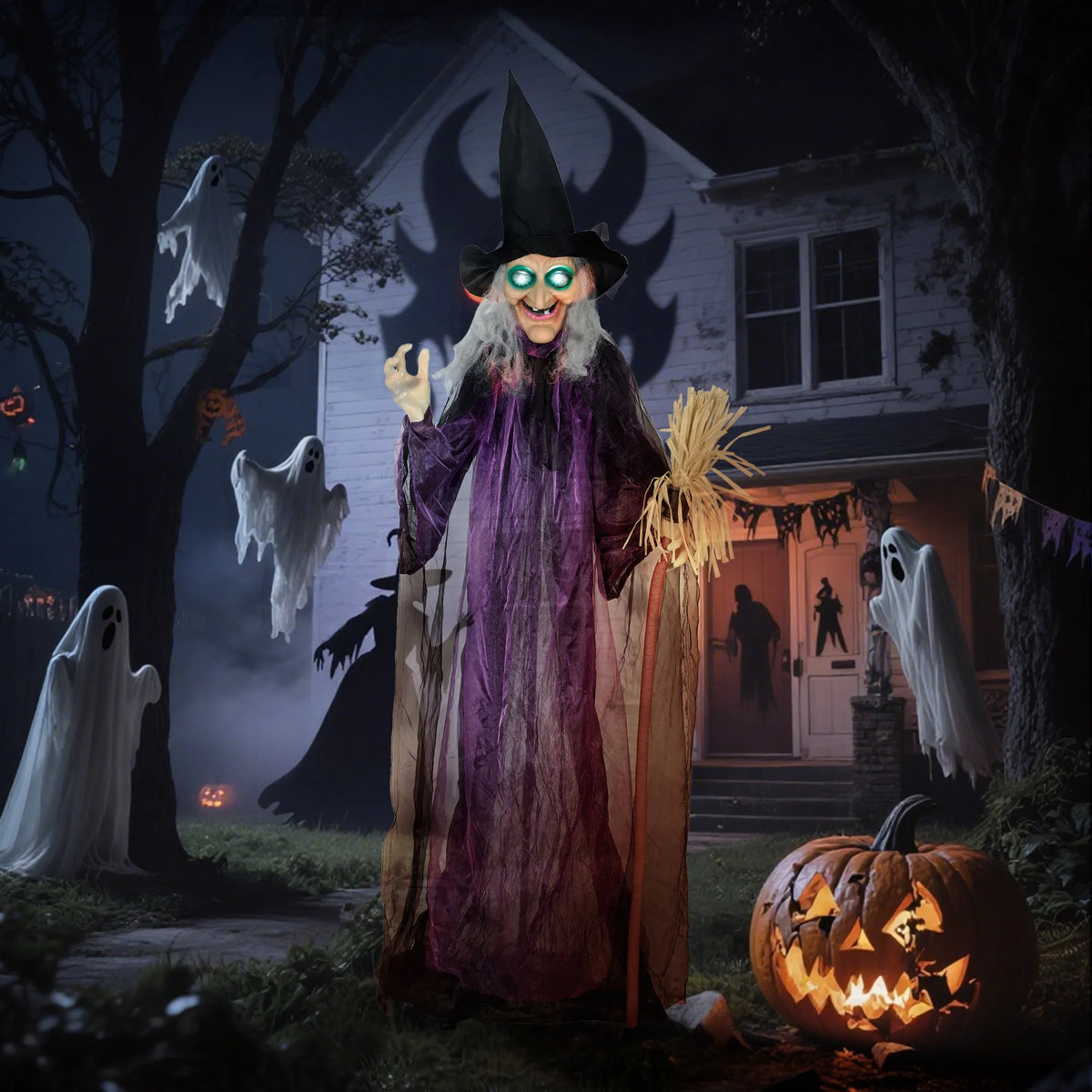 Turning head mechanism on a voice activated witch decoration