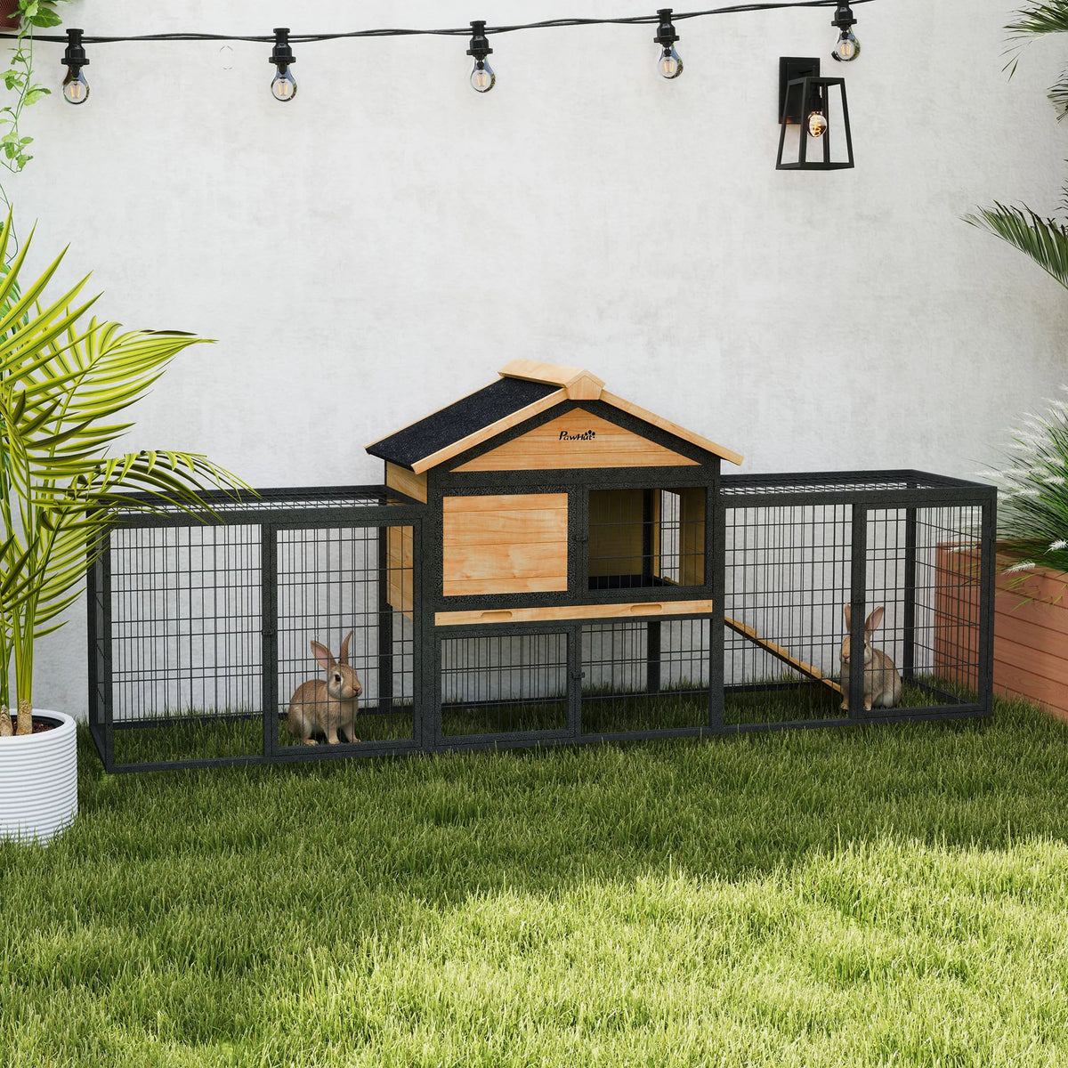 Outdoor Rabbit Hutch with Steel Run 217x53x86cm Guinea Pig Cage Asphalt Roof and Removable Tray Natural