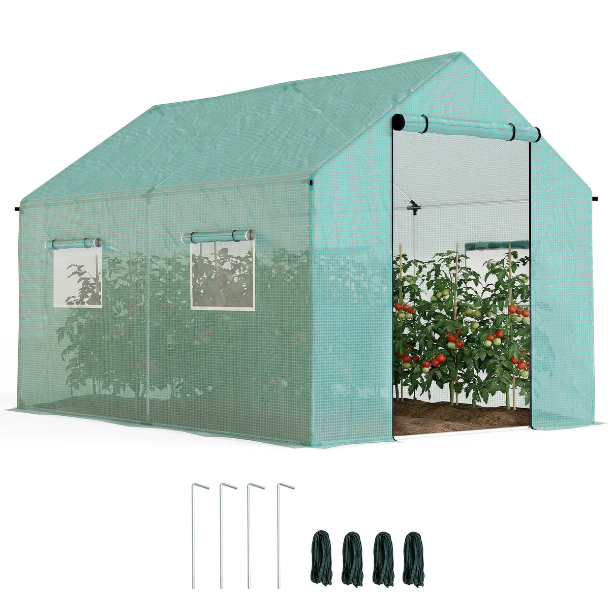 Polytunnel Greenhouse 2x3m with Wide Roll Up Door 4 Mesh Windows Galvanised Steel Frame Green
