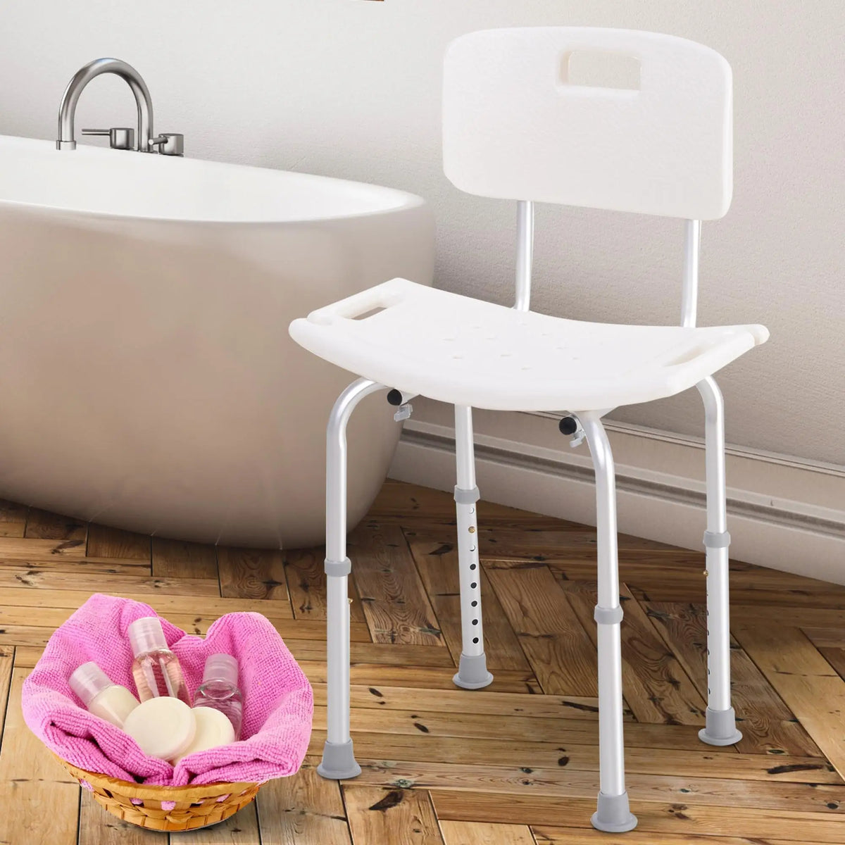 Bath Chair Shower Seat, Adjustable Bathroom Safety Aid for Elderly, Cream White
