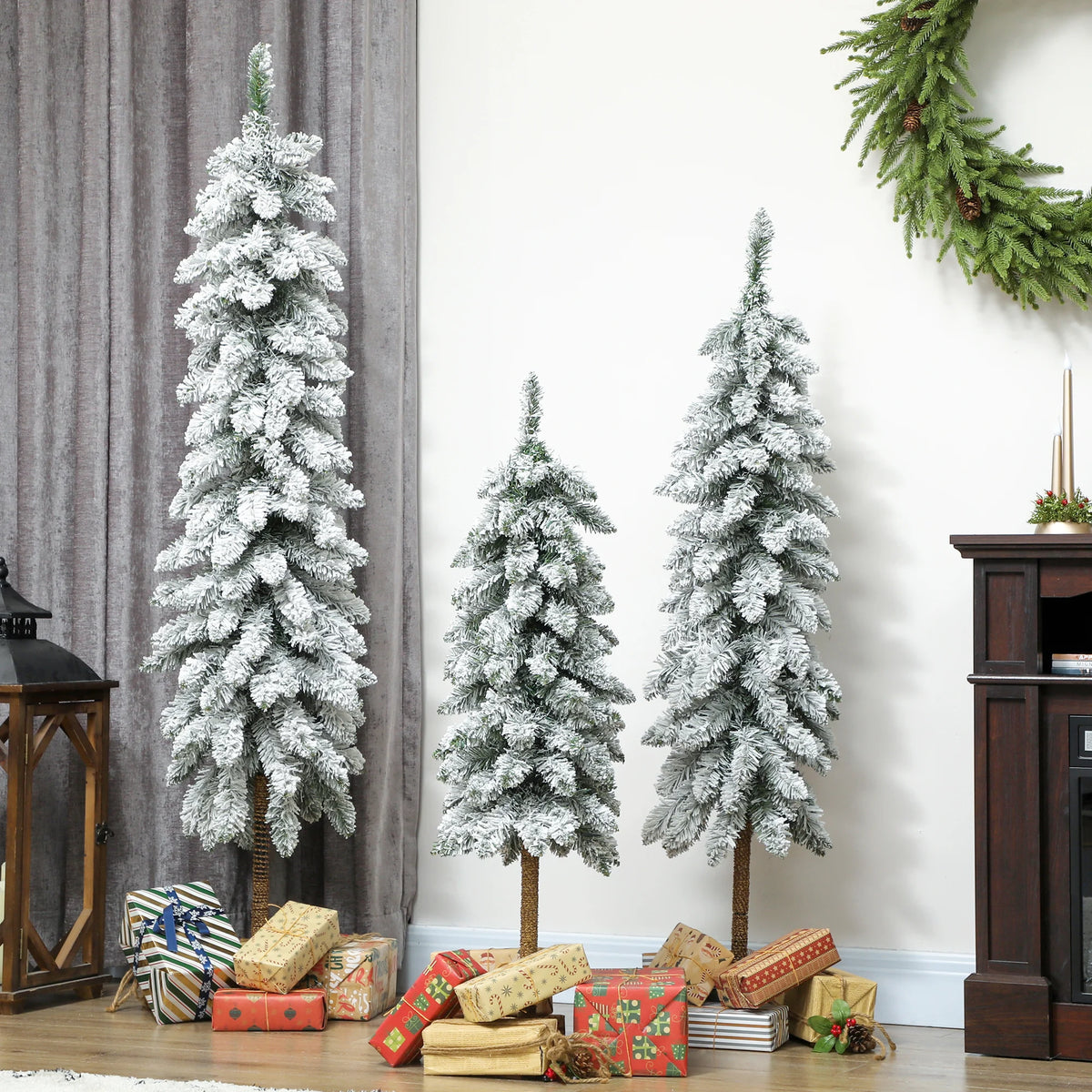 Set of 3 Flocked Pencil Christmas Trees, 3ft, 4ft and 5ft, with Steel Bases